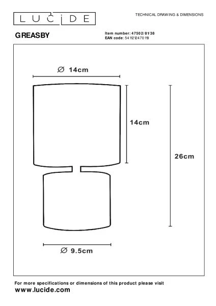 Lucide GREASBY - Lampe de table - Ø 14 cm - 1xE14 - Crème - TECHNISCH